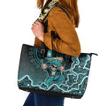 Brisbane Heat Cricket Mascot Leather Tote Bag Aboriginal Dot Art Cyan And Black Tribal Pattern