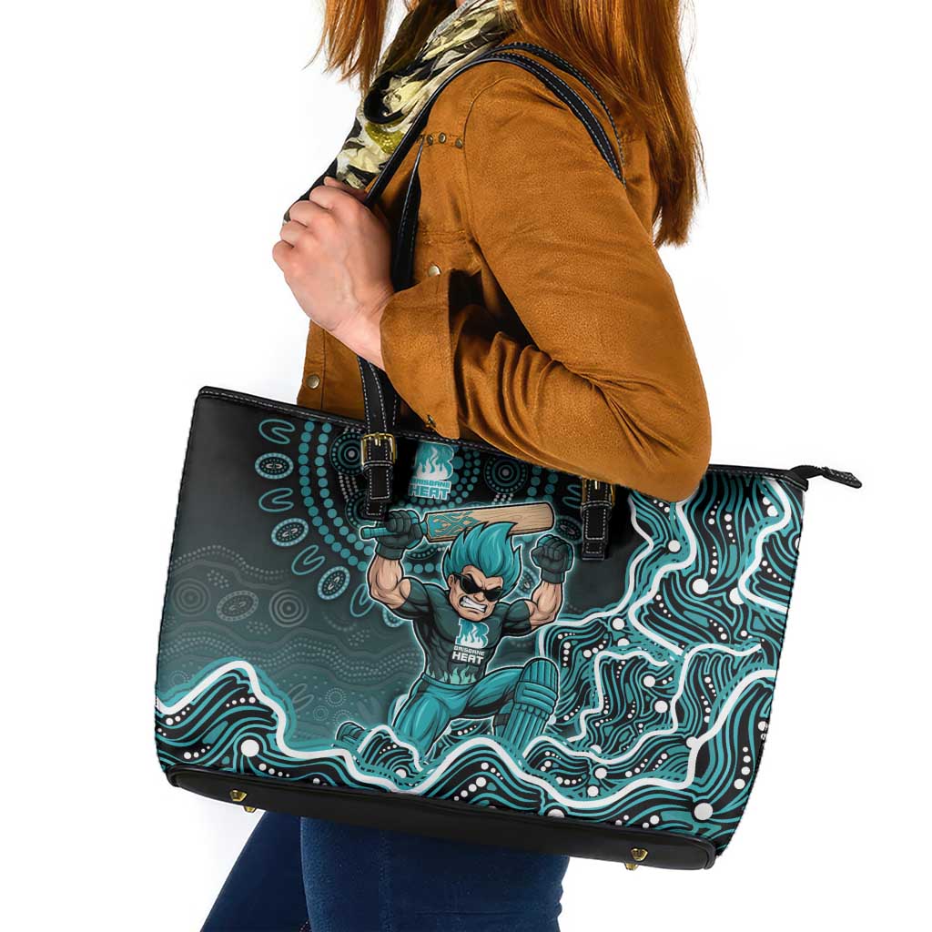 Brisbane Heat Cricket Mascot Leather Tote Bag Aboriginal Dot Art Cyan And Black Tribal Pattern