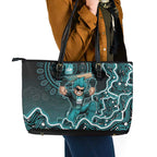 Brisbane Heat Cricket Mascot Leather Tote Bag Aboriginal Dot Art Cyan And Black Tribal Pattern