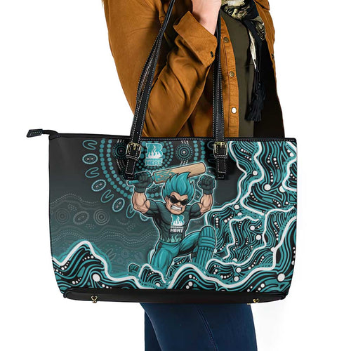 Brisbane Heat Cricket Mascot Leather Tote Bag Aboriginal Dot Art Cyan And Black Tribal Pattern