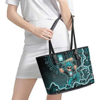 Brisbane Heat Cricket Mascot Leather Tote Bag Aboriginal Dot Art Cyan And Black Tribal Pattern