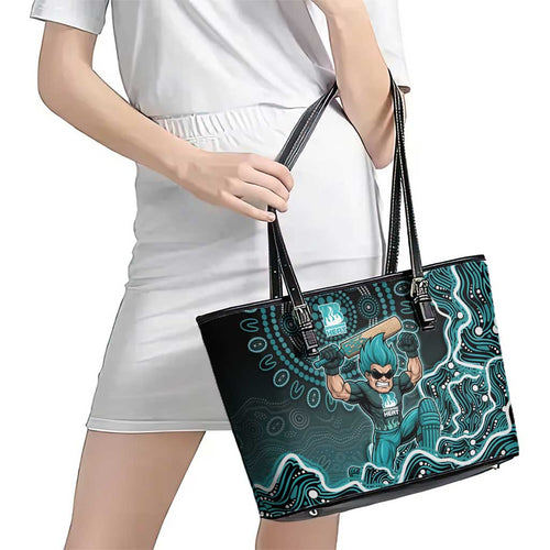Brisbane Heat Cricket Mascot Leather Tote Bag Aboriginal Dot Art Cyan And Black Tribal Pattern