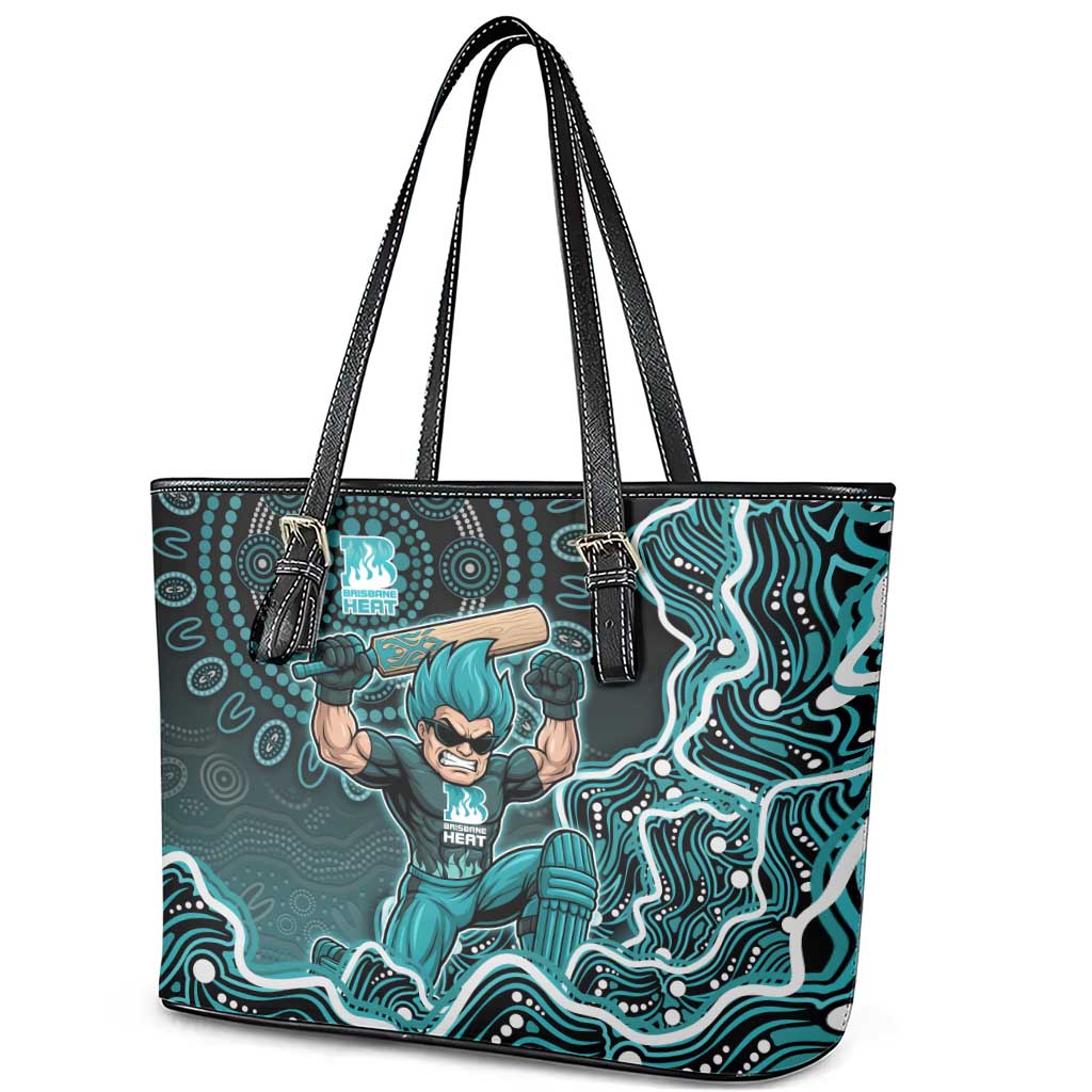 Brisbane Heat Cricket Mascot Leather Tote Bag Aboriginal Dot Art Cyan And Black Tribal Pattern