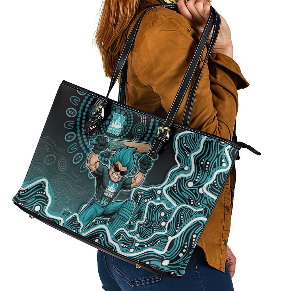Brisbane Heat Cricket Mascot Leather Tote Bag Aboriginal Dot Art Cyan And Black Tribal Pattern