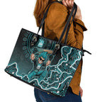 Brisbane Heat Cricket Mascot Leather Tote Bag Aboriginal Dot Art Cyan And Black Tribal Pattern