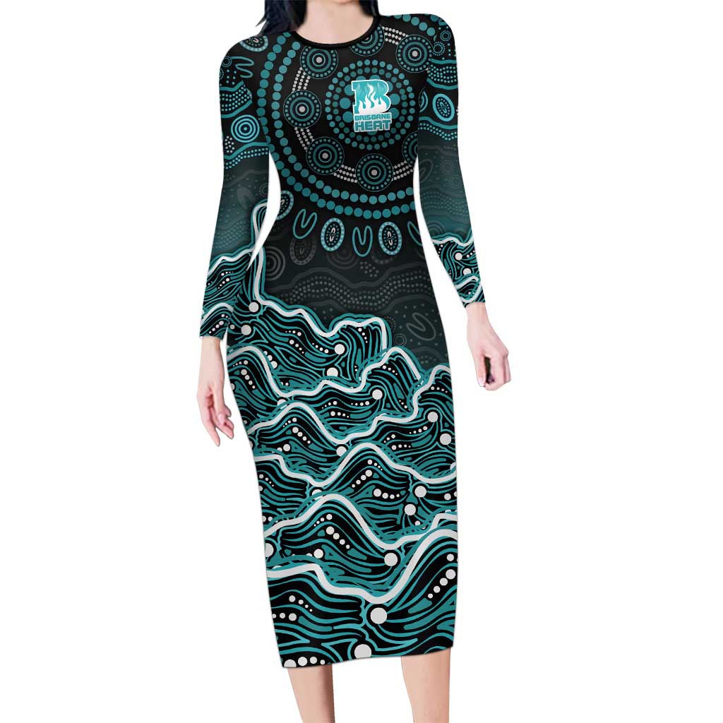 Brisbane Heat Cricket Mascot Long Sleeve Bodycon Dress Aboriginal Dot Art Cyan And Black Tribal Pattern