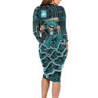 Brisbane Heat Cricket Mascot Long Sleeve Bodycon Dress Aboriginal Dot Art Cyan And Black Tribal Pattern