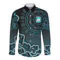 Brisbane Heat Cricket Mascot Long Sleeve Button Shirt Aboriginal Dot Art Cyan And Black Tribal Pattern