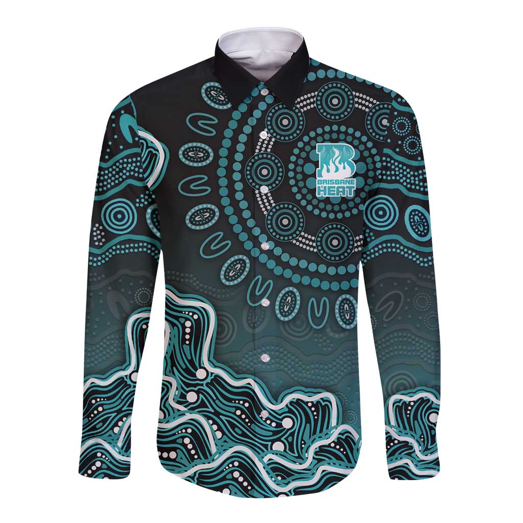 Brisbane Heat Cricket Mascot Long Sleeve Button Shirt Aboriginal Dot Art Cyan And Black Tribal Pattern