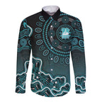 Brisbane Heat Cricket Mascot Long Sleeve Button Shirt Aboriginal Dot Art Cyan And Black Tribal Pattern