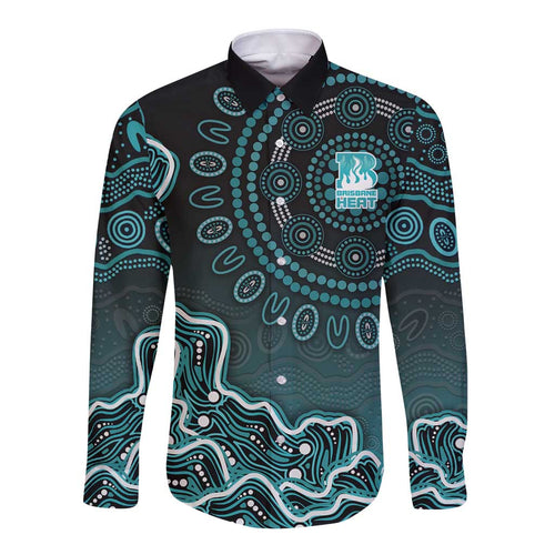 Brisbane Heat Cricket Mascot Long Sleeve Button Shirt Aboriginal Dot Art Cyan And Black Tribal Pattern