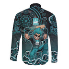 Brisbane Heat Cricket Mascot Long Sleeve Button Shirt Aboriginal Dot Art Cyan And Black Tribal Pattern