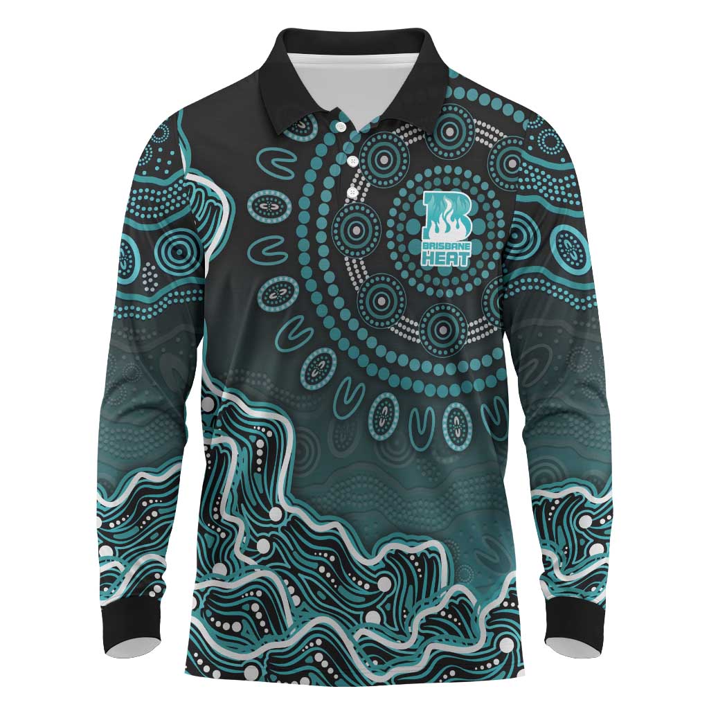 Brisbane Heat Cricket Mascot Long Sleeve Polo Shirt Aboriginal Dot Art Cyan And Black Tribal Pattern