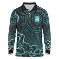 Brisbane Heat Cricket Mascot Long Sleeve Polo Shirt Aboriginal Dot Art Cyan And Black Tribal Pattern