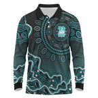 Brisbane Heat Cricket Mascot Long Sleeve Polo Shirt Aboriginal Dot Art Cyan And Black Tribal Pattern