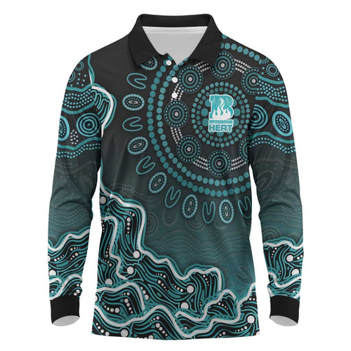 Brisbane Heat Cricket Mascot Long Sleeve Polo Shirt Aboriginal Dot Art Cyan And Black Tribal Pattern