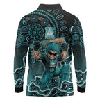 Brisbane Heat Cricket Mascot Long Sleeve Polo Shirt Aboriginal Dot Art Cyan And Black Tribal Pattern