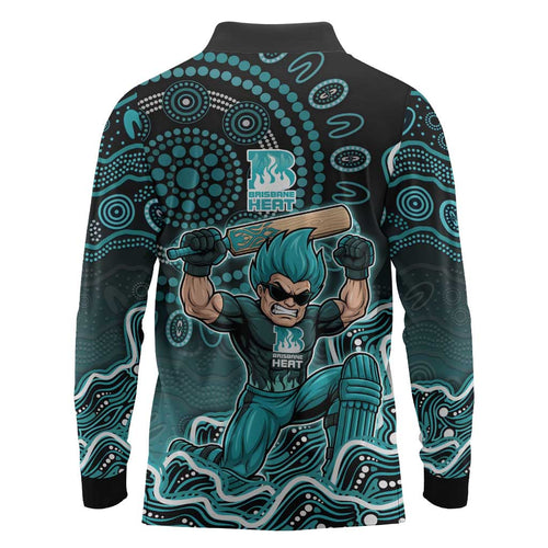 Brisbane Heat Cricket Mascot Long Sleeve Polo Shirt Aboriginal Dot Art Cyan And Black Tribal Pattern