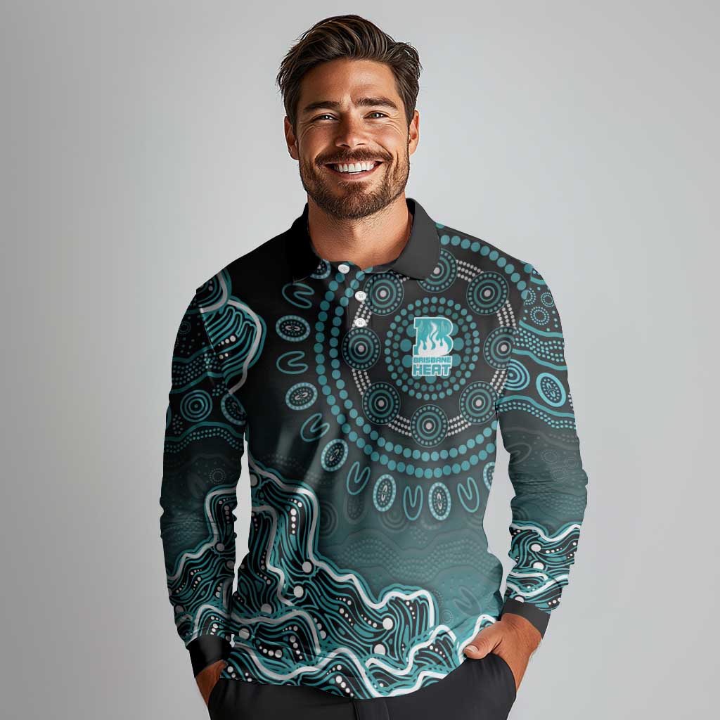 Brisbane Heat Cricket Mascot Long Sleeve Polo Shirt Aboriginal Dot Art Cyan And Black Tribal Pattern