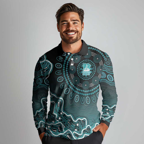 Brisbane Heat Cricket Mascot Long Sleeve Polo Shirt Aboriginal Dot Art Cyan And Black Tribal Pattern