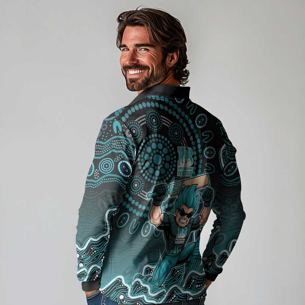 Brisbane Heat Cricket Mascot Long Sleeve Polo Shirt Aboriginal Dot Art Cyan And Black Tribal Pattern