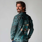 Brisbane Heat Cricket Mascot Long Sleeve Polo Shirt Aboriginal Dot Art Cyan And Black Tribal Pattern