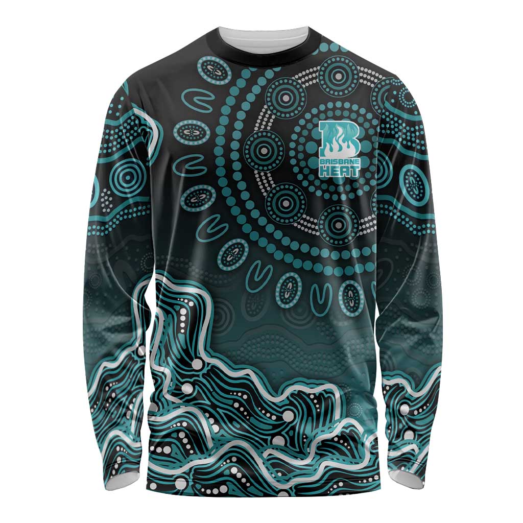 Brisbane Heat Cricket Mascot Long Sleeve Shirt Aboriginal Dot Art Cyan And Black Tribal Pattern