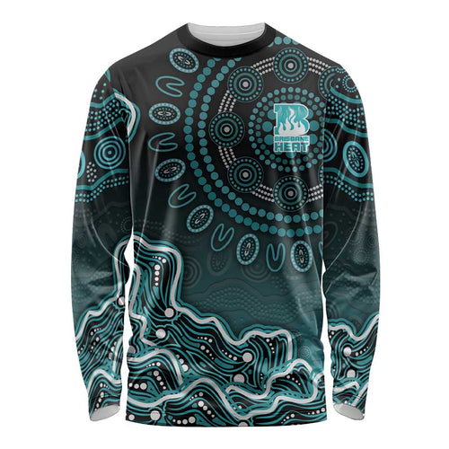 Brisbane Heat Cricket Mascot Long Sleeve Shirt Aboriginal Dot Art Cyan And Black Tribal Pattern