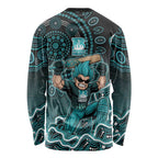 Brisbane Heat Cricket Mascot Long Sleeve Shirt Aboriginal Dot Art Cyan And Black Tribal Pattern
