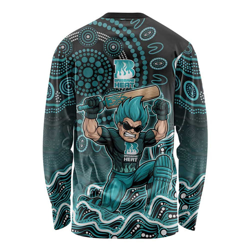 Brisbane Heat Cricket Mascot Long Sleeve Shirt Aboriginal Dot Art Cyan And Black Tribal Pattern