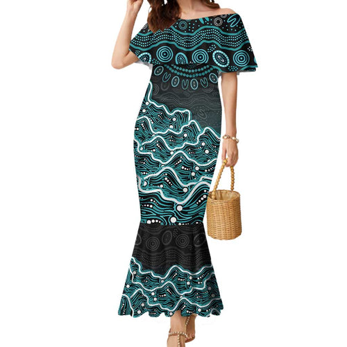 Brisbane Heat Cricket Mascot Mermaid Dress Aboriginal Dot Art Cyan And Black Tribal Pattern