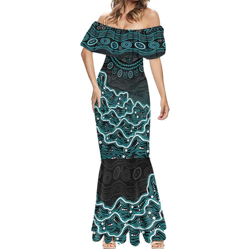 Brisbane Heat Cricket Mascot Mermaid Dress Aboriginal Dot Art Cyan And Black Tribal Pattern