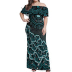 Brisbane Heat Cricket Mascot Off Shoulder Maxi Dress Aboriginal Dot Art Cyan And Black Tribal Pattern