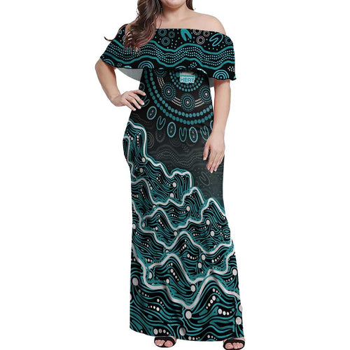 Brisbane Heat Cricket Mascot Off Shoulder Maxi Dress Aboriginal Dot Art Cyan And Black Tribal Pattern