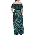 Brisbane Heat Cricket Mascot Off Shoulder Maxi Dress Aboriginal Dot Art Cyan And Black Tribal Pattern