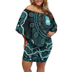 Brisbane Heat Cricket Mascot Off Shoulder Short Dress Aboriginal Dot Art Cyan And Black Tribal Pattern