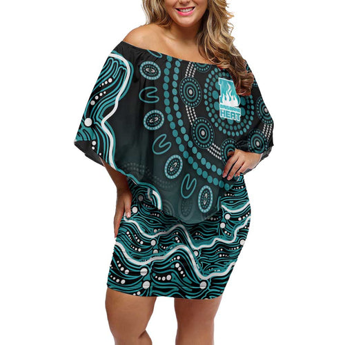 Brisbane Heat Cricket Mascot Off Shoulder Short Dress Aboriginal Dot Art Cyan And Black Tribal Pattern