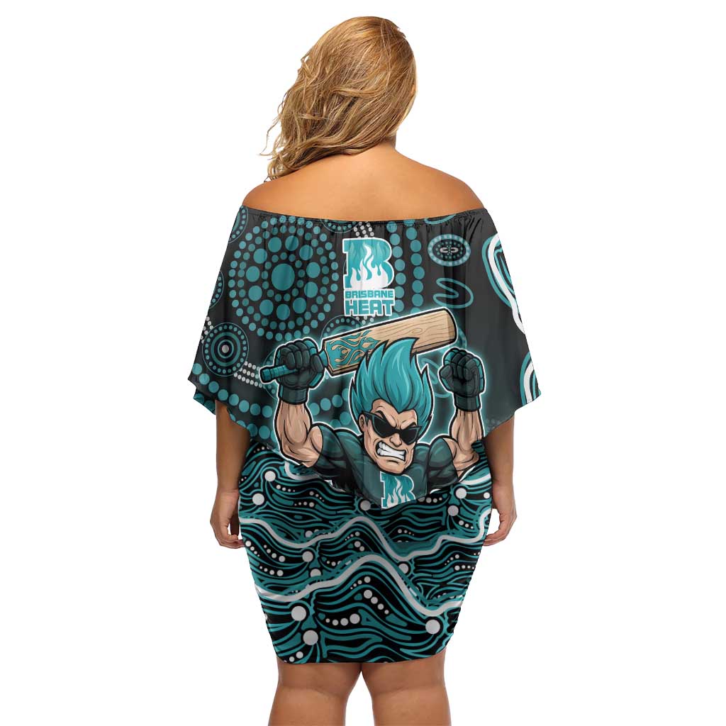 Brisbane Heat Cricket Mascot Off Shoulder Short Dress Aboriginal Dot Art Cyan And Black Tribal Pattern