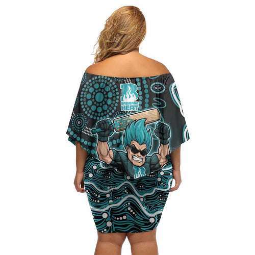 Brisbane Heat Cricket Mascot Off Shoulder Short Dress Aboriginal Dot Art Cyan And Black Tribal Pattern