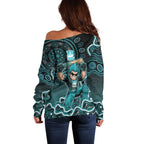 Brisbane Heat Cricket Mascot Off Shoulder Sweater Aboriginal Dot Art Cyan And Black Tribal Pattern