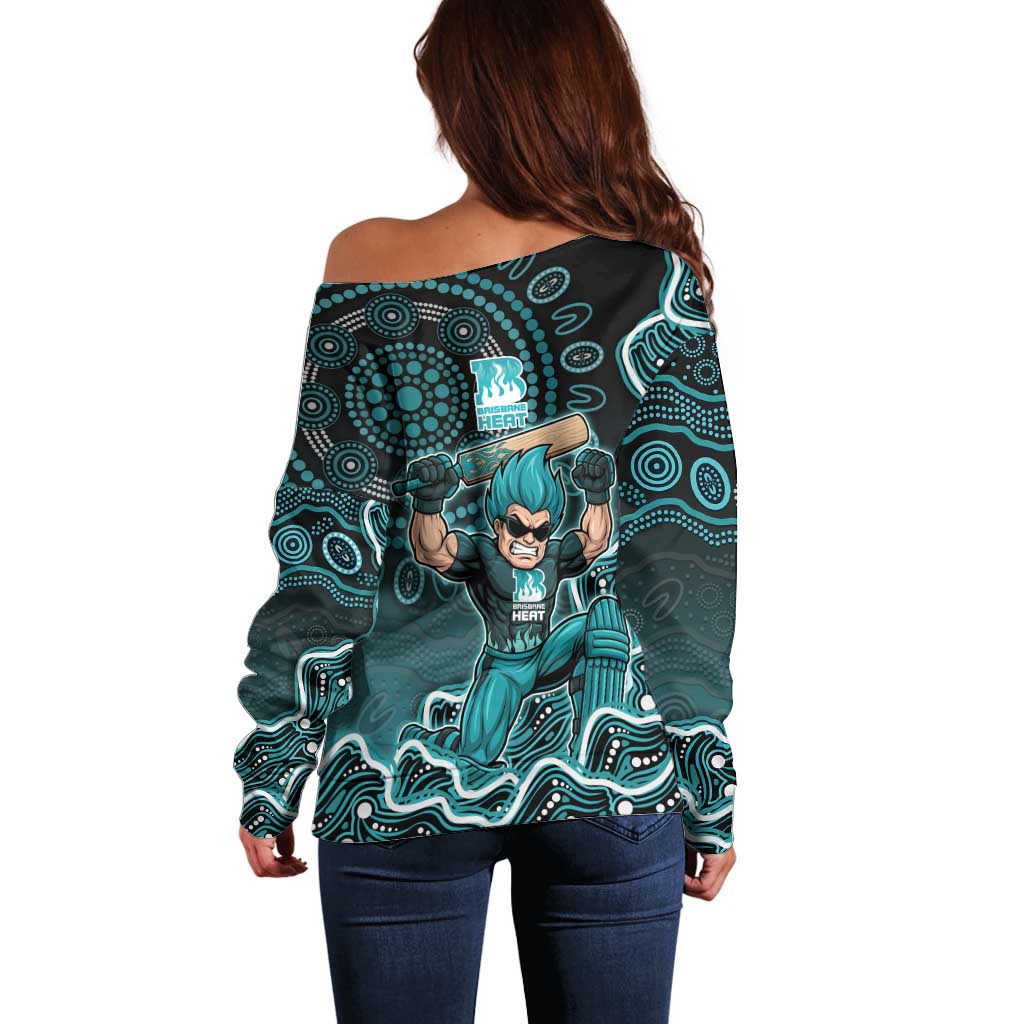 Brisbane Heat Cricket Mascot Off Shoulder Sweater Aboriginal Dot Art Cyan And Black Tribal Pattern