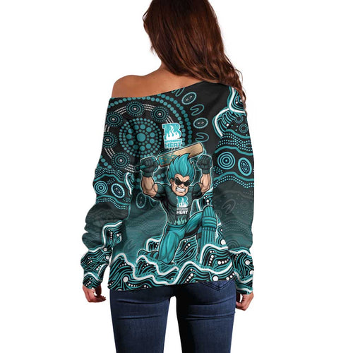 Brisbane Heat Cricket Mascot Off Shoulder Sweater Aboriginal Dot Art Cyan And Black Tribal Pattern