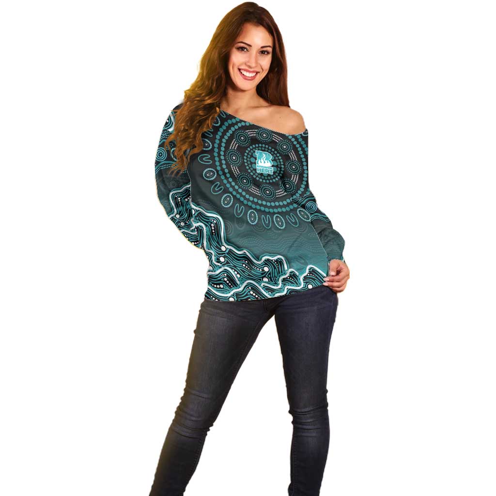 Brisbane Heat Cricket Mascot Off Shoulder Sweater Aboriginal Dot Art Cyan And Black Tribal Pattern