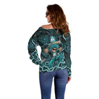Brisbane Heat Cricket Mascot Off Shoulder Sweater Aboriginal Dot Art Cyan And Black Tribal Pattern
