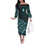 Brisbane Heat Cricket Mascot Off The Shoulder Long Sleeve Dress Aboriginal Dot Art Cyan And Black Tribal Pattern
