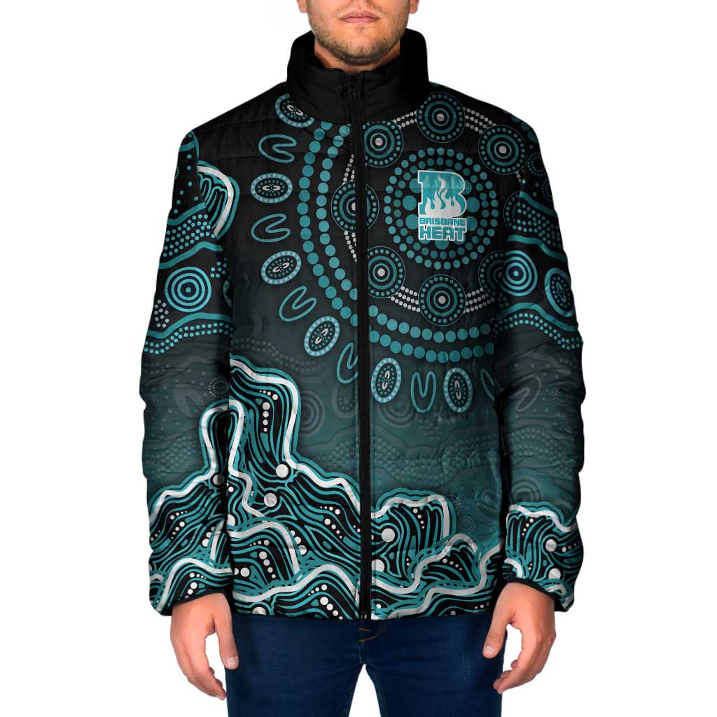 Brisbane Heat Cricket Mascot Padded Jacket Aboriginal Dot Art Cyan And Black Tribal Pattern
