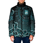 Brisbane Heat Cricket Mascot Padded Jacket Aboriginal Dot Art Cyan And Black Tribal Pattern