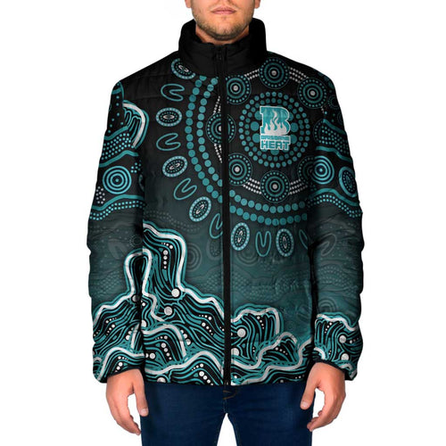 Brisbane Heat Cricket Mascot Padded Jacket Aboriginal Dot Art Cyan And Black Tribal Pattern