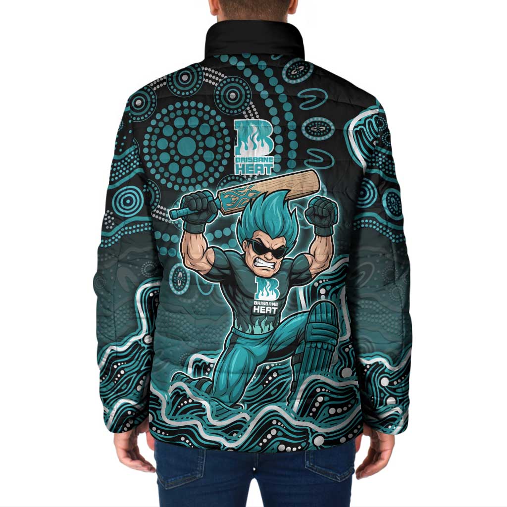 Brisbane Heat Cricket Mascot Padded Jacket Aboriginal Dot Art Cyan And Black Tribal Pattern