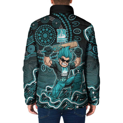 Brisbane Heat Cricket Mascot Padded Jacket Aboriginal Dot Art Cyan And Black Tribal Pattern